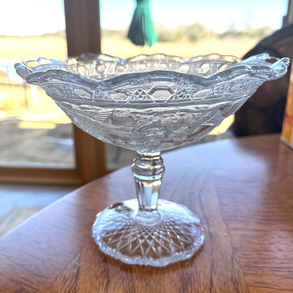 Vintage Pressed Glass Bird & Grape Pedestal Compote Bowl 8"